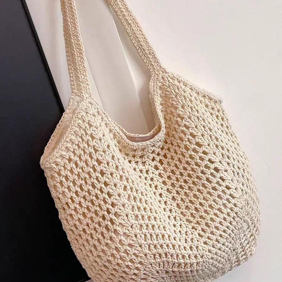 2025 Spring New Hollow Bucket Bag Shoulder Cotton Woven Bag Large Capacity Straw Bag Fashion Beach Women's Bag