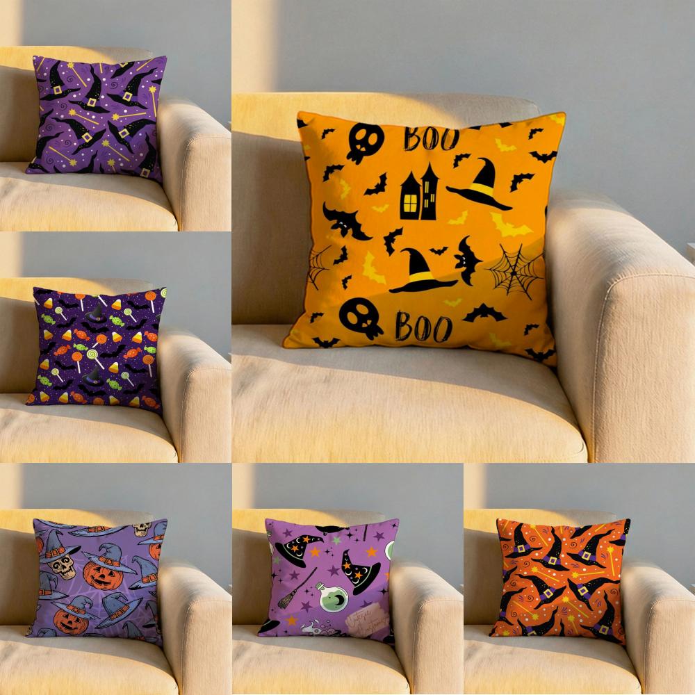 Halloween witch hat skull Cushion Cover Soft Reversible Durable Pillow Cover MultiScene Use for Home Car Daily Comfort