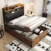 Estrutura de Cama 90 x 200 com Mecanismo de Elevação Hidráulica, USB, Cabeceira Estofada, Design Retrô em Madeira e Metal, Camada de Armazenamento Oculta Cama de Solteiro Preta