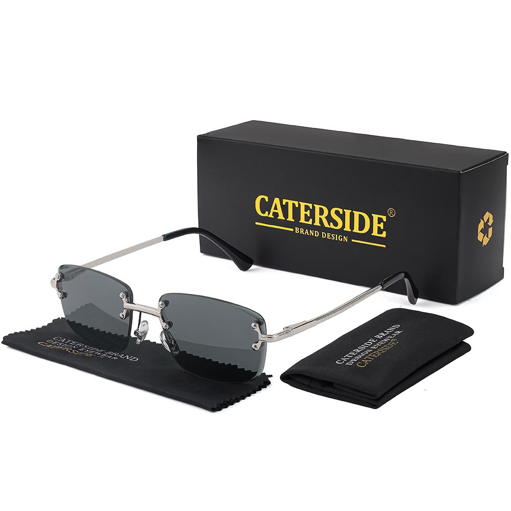 CATERSIDE Retro Carving Rimless Metal Frame UV400 Unisex Sunglasses Punk Luxury Small Gradient Durable Anti-Glare Reflective Box Alloy