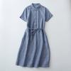 2025 Summer New Cotton and Linen Front Half Placket Open Buckle Waist Lace-up Short-sleeved POLO Collar Medium and Long Dress