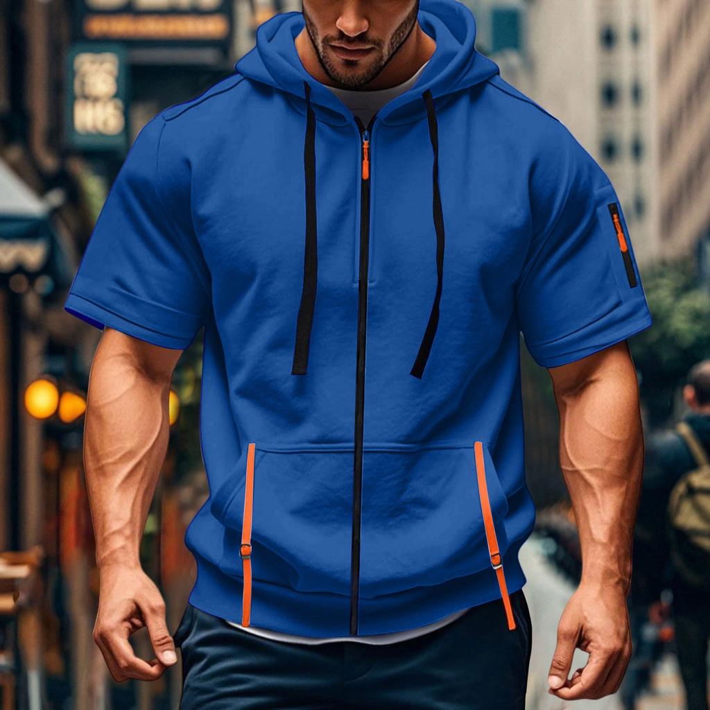 Men's Casual Short-sleeved Sweatshirt. Loose And Breathable Solid-color Sweatshirt Jacket With Multiple Pockets And A Zipper.