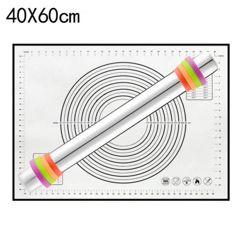 Adjustable Stainless Steel Rolling Pin Silicone Baking Mat Dough Roller 4 Removable Thickness Ring Cake Pizza Pastry Baking Tool