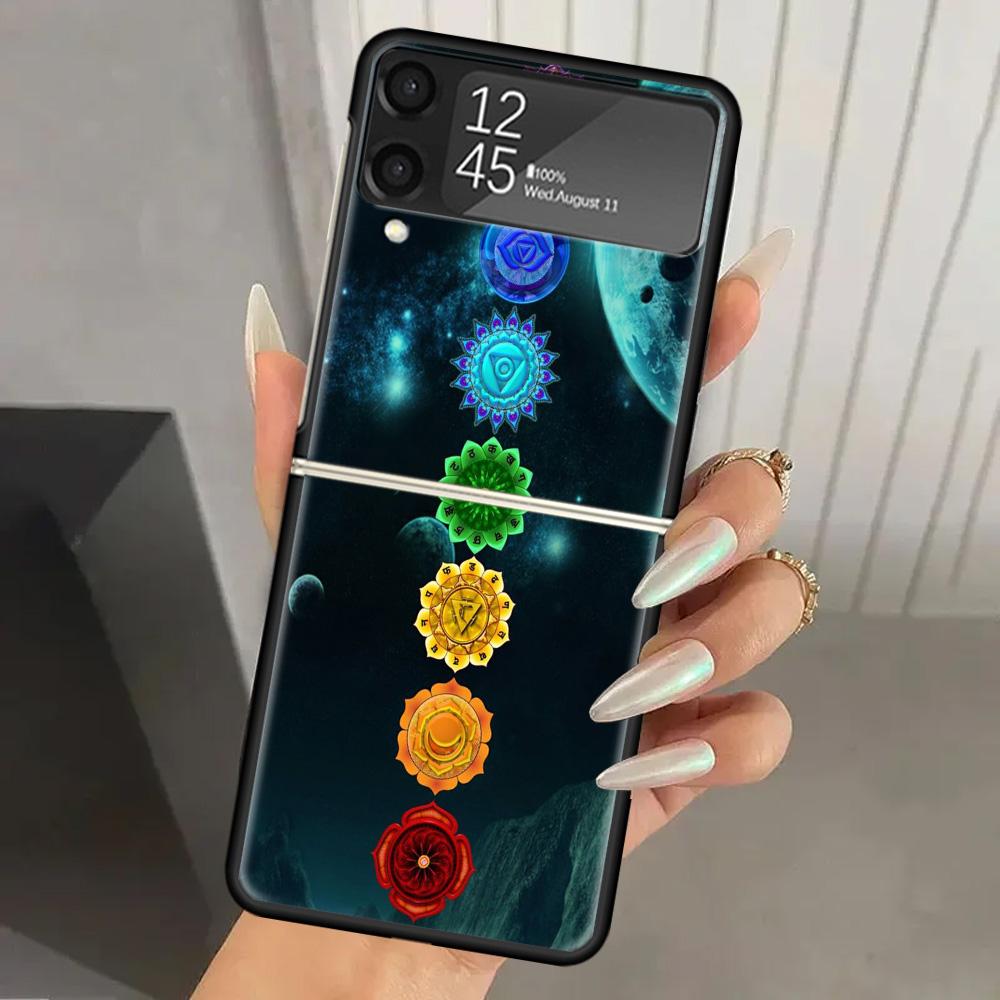 Yoga Chakra Spiritual Energy Universe Hard PC Phone Case For Samsung Galaxy Z Flip 7 6 5 4 3 Black ZFlip7 ZFlip6 Flip5 Flip4 Fli