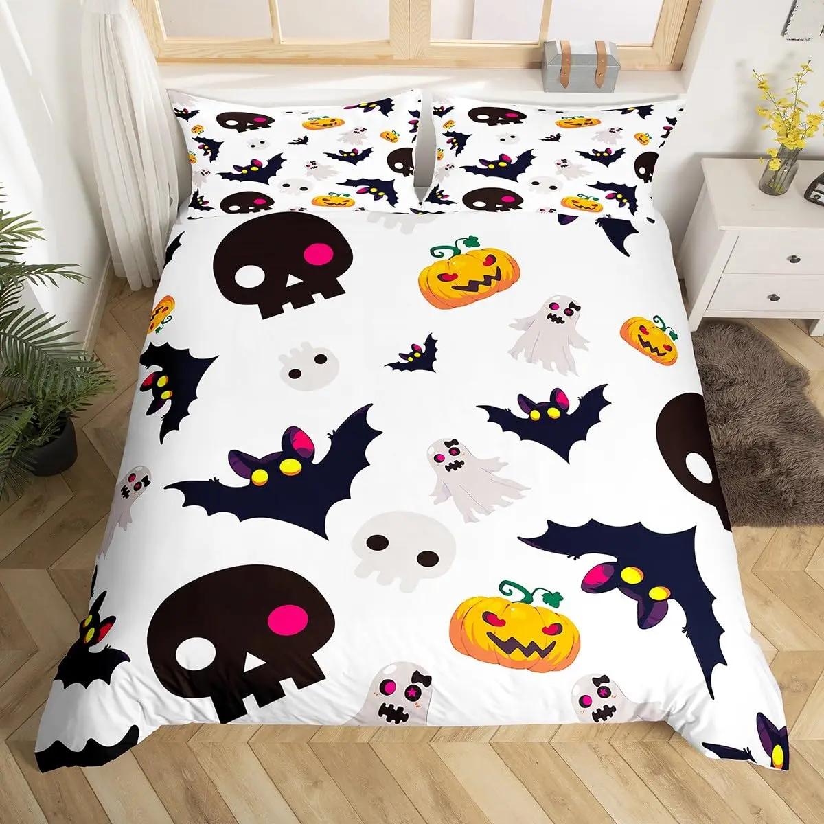 

Pumpkin Duvet Cover Cartoon Witch Hat Bats Halloween Bedding Set Candy Ghost Cat Cobwebs Comforter Cover Spiderwebs Quilt Cover EU Single(135x200cm)