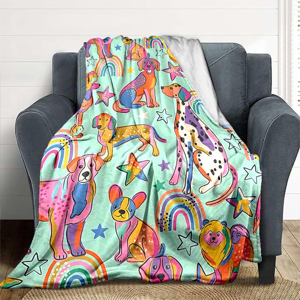 1pc Dogs Rainbows Print Blanket Lightweight Flannel Throw Blanket For Sofa, Bed, Living Room, Office, Outdoor Travel, Camping