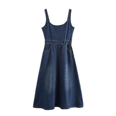 Autumn 2024 Women's Casual Denim Dress - European & American Style, Spaghetti Strap, Round Neck 