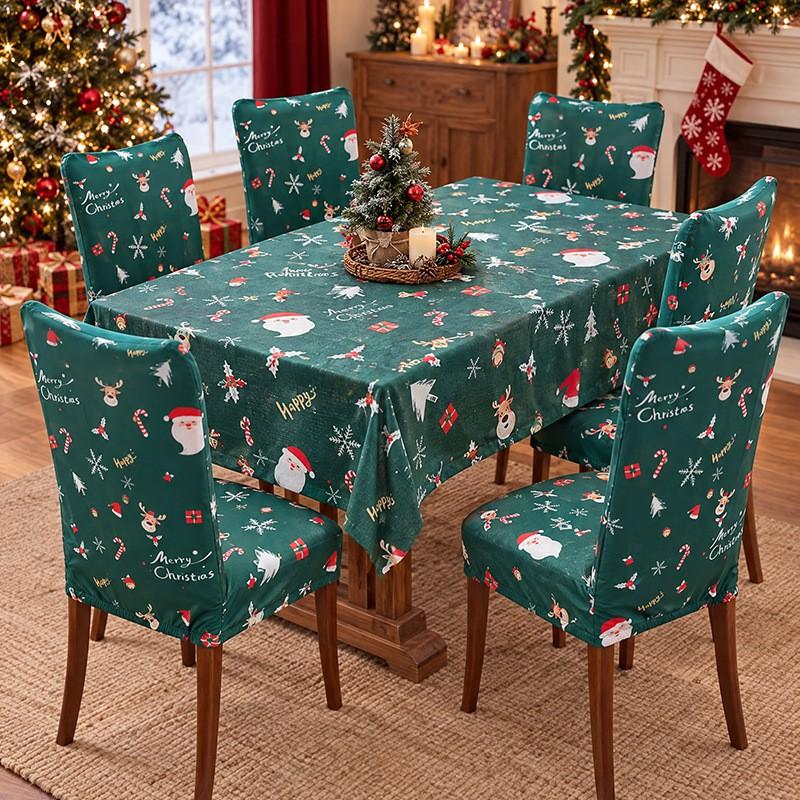 Christmas Chair Cover Tablecloth Set Stretch Santa Print Holiday Dinner Party Decor