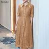 Women Casual Turn Down Collar Short Sleeve Lace Patchwork Elegant Dress
