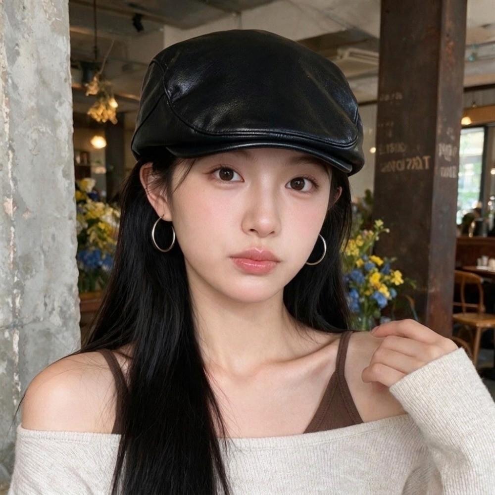 Gothic Y2k Berets Hat Harajuku Painter Hat Casual PU Leather Berets Hat Women