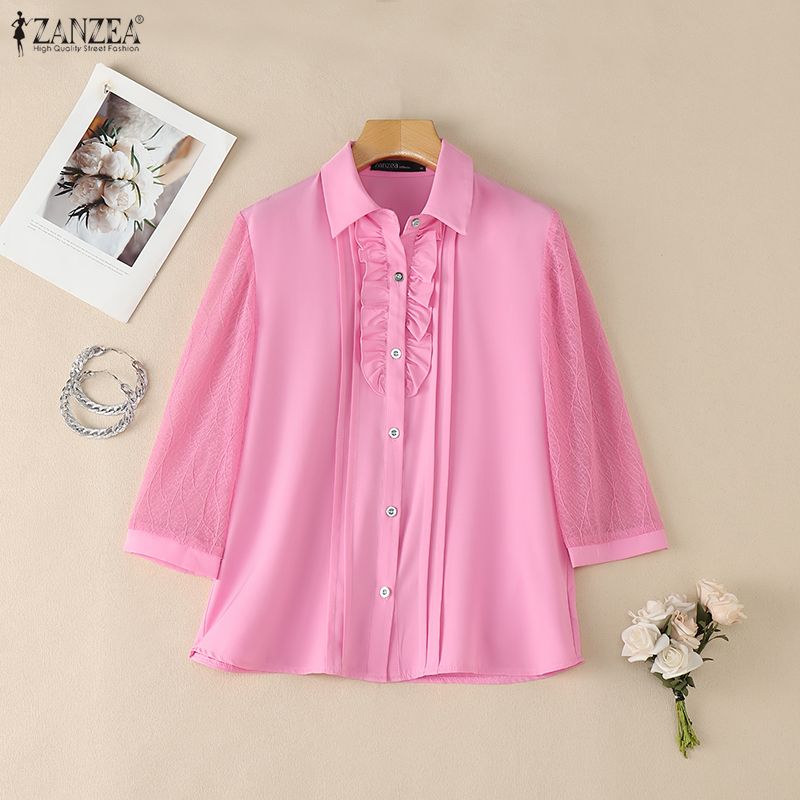 ZANZEA Blusa Casual para Mujer con Cuello Solapa, Encaje y Mangas 3/4