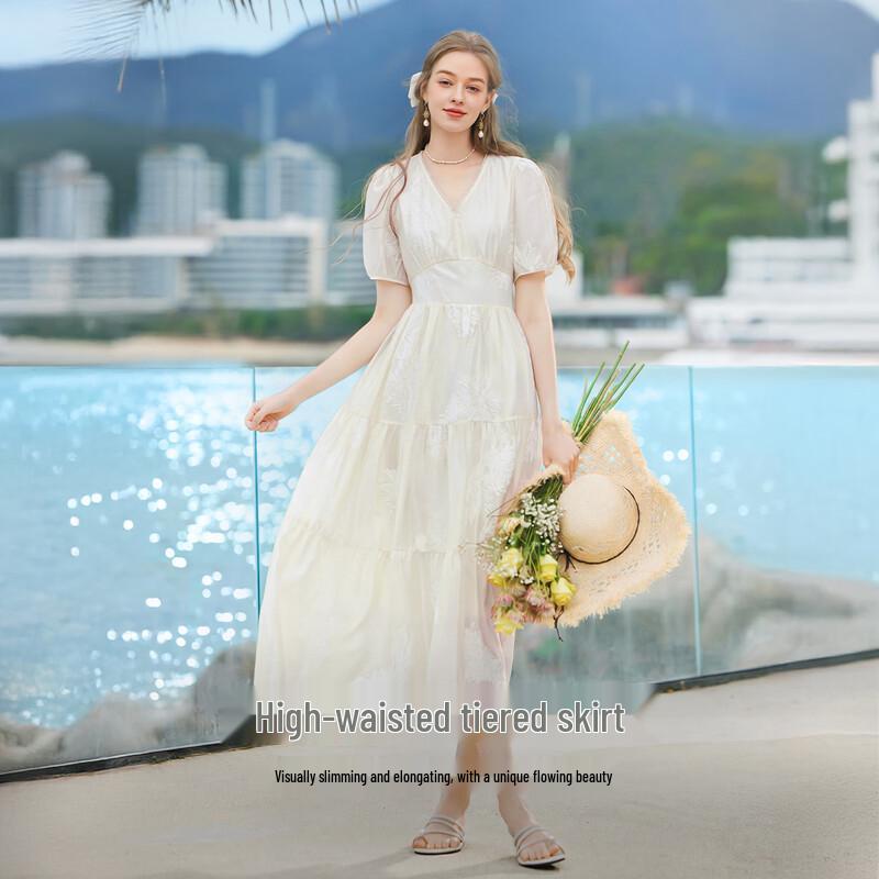 Xiangying French V-Neck Tencel Embroidered Midi Dress