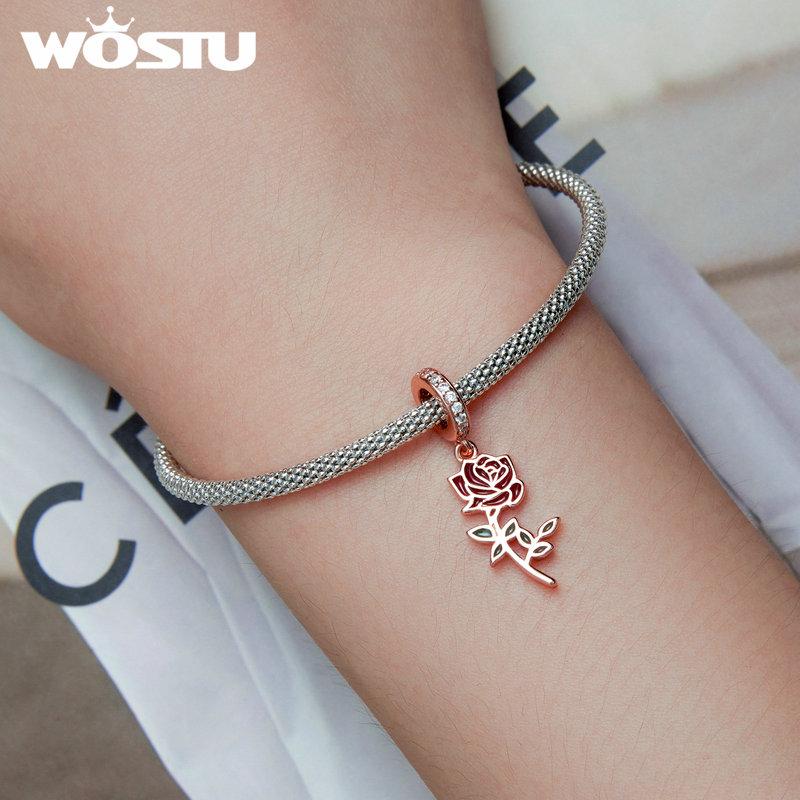 WOSTU 925 Silver Rose Gold Flower Charms Hepburn Tower Heart Beads Fit Bracelet & Necklace DIY Jewelry Making for Women