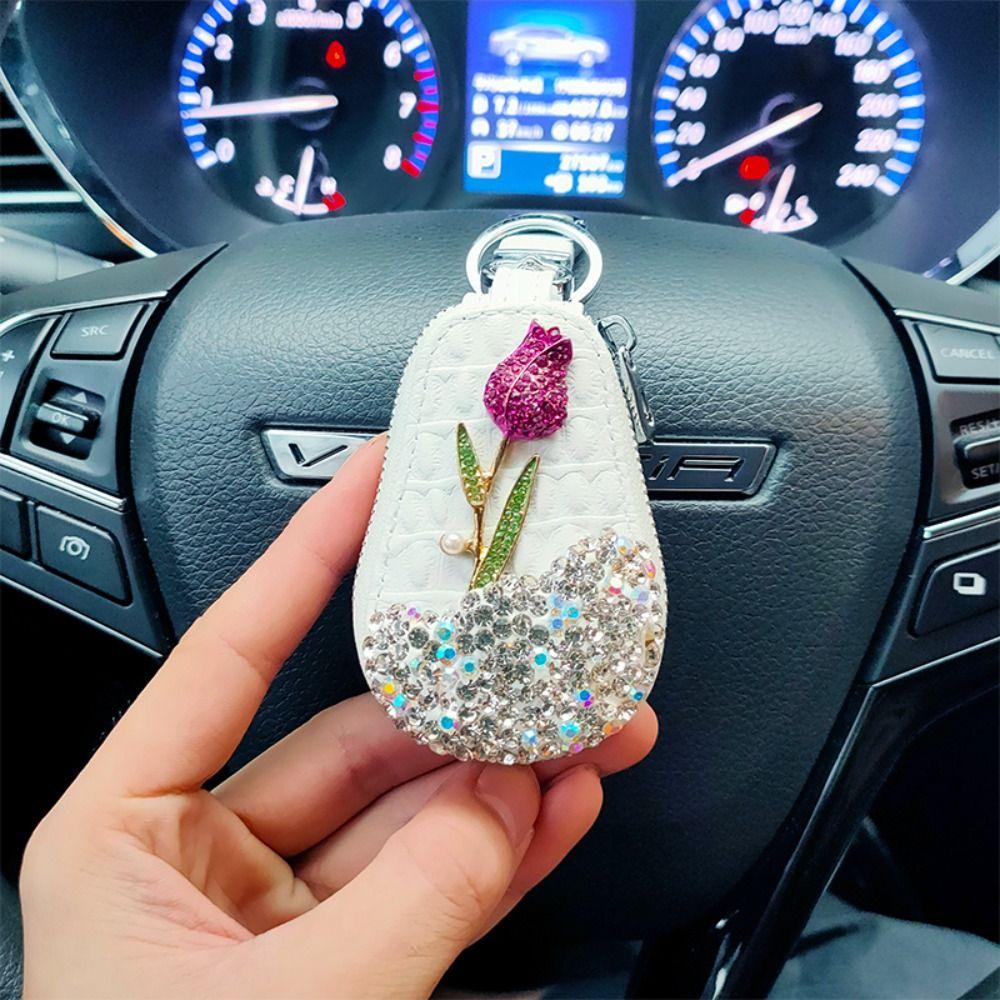 Flower Flower Remote Key Bag Leather Crystal  Keychains Key Cover  Car Accessories