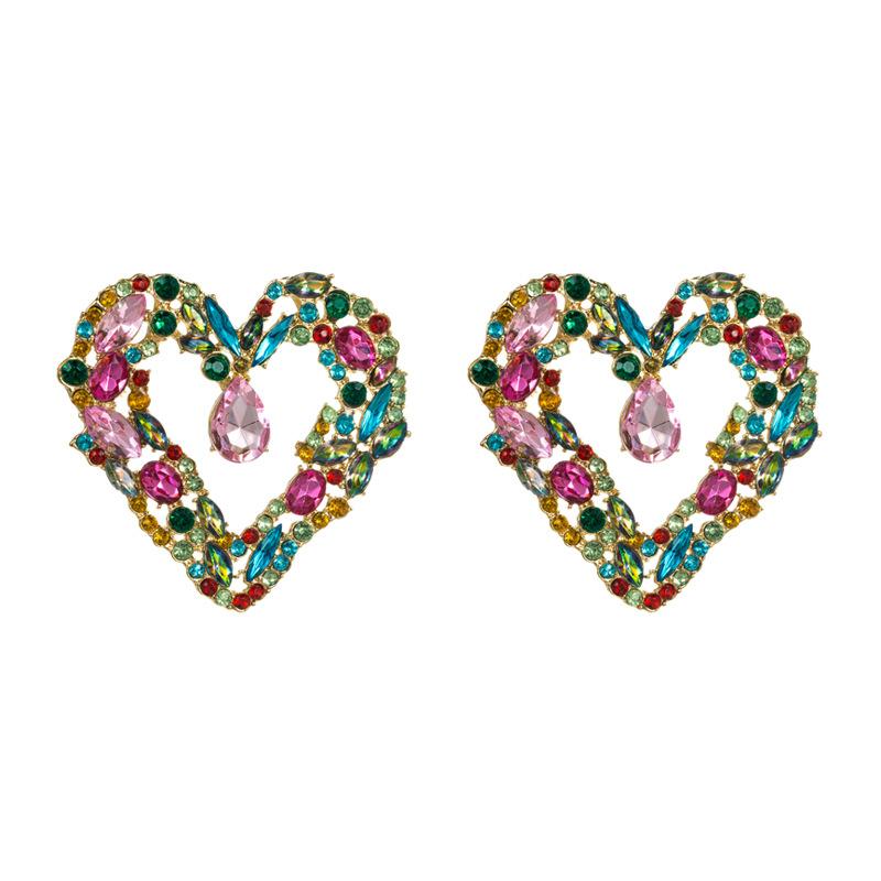 Women's Stud Earrings Creative Love Alloy Electroplated Colored Rhinestones Personalized Exaggerated Earrings