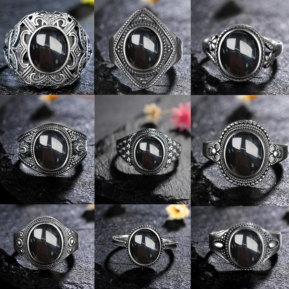 CopperRing for Women 8*10mm Oval Round Natural Black Agate Ring Gift Sun Shaped Retro Luxury Fine Jewelry