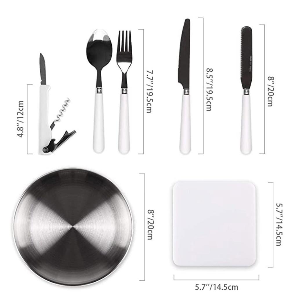 Camping Silverware Kit Stainless Steel Plate Spoon Wine Opener Fork Napkin Outdoor Picnic Kitchen BBQ Travel Utensil Picnic Set
