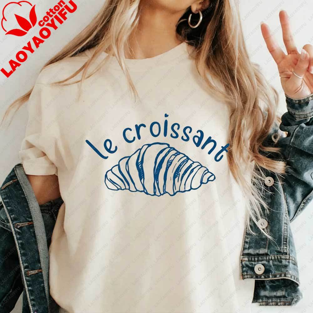 

Womens Minimalist Le Croissant TShirt French Blue Line Art Graphic Tee Cotton Tshirt Summer Aesthetic Parisian Food Lover Tops S