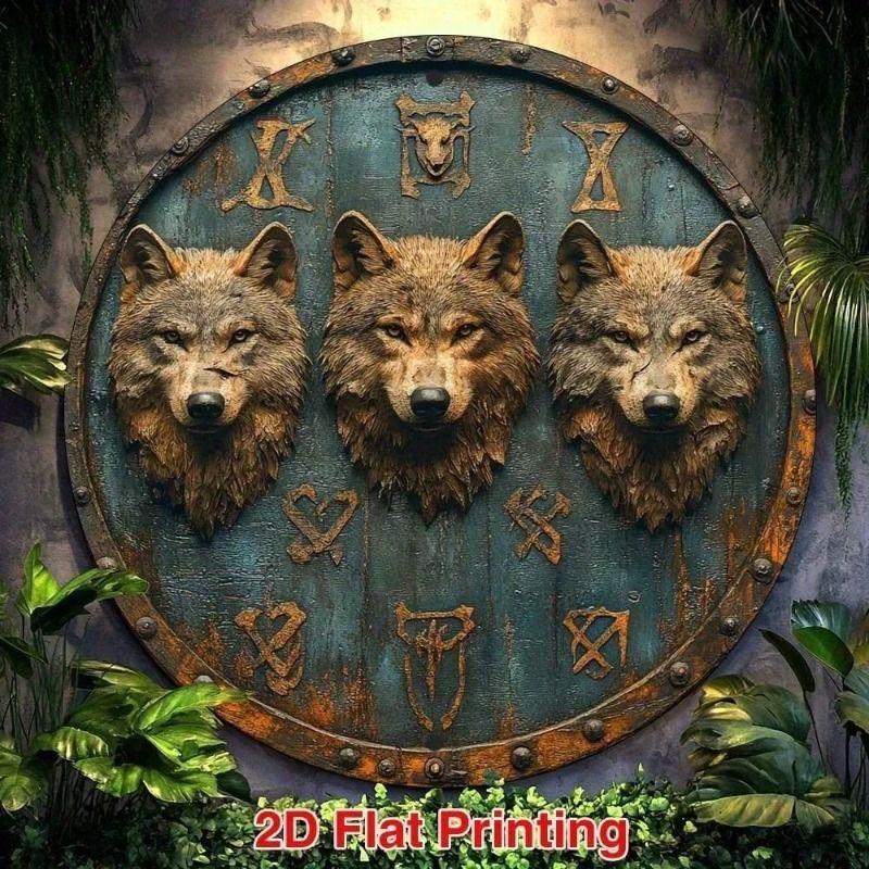 Viking Shield Wall Art Metal Painting Scandinavian Wolf Runic Decor 20x20cm