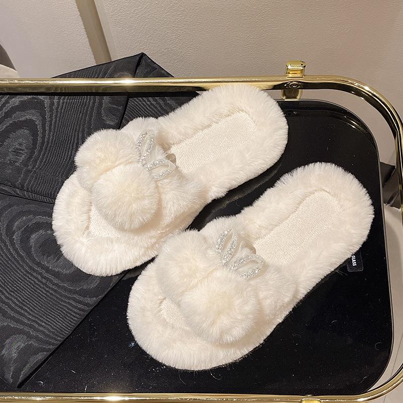 Rabbit ears fluffy slippers women wear ins tide 2025 autumn and winter new Internet celebrity thick bottom cotton mop home one-word mop