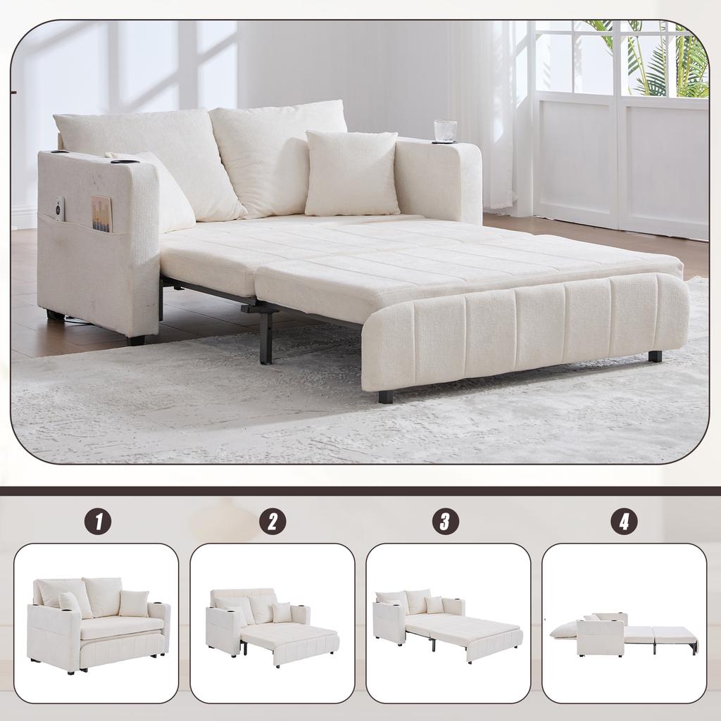 Multifunctional Sofa, Folding Sofa, Usable as Sofa or Bed, Storage Pockets on Armrests, USB Charging Function and Drink Holders (Beige Chenille)