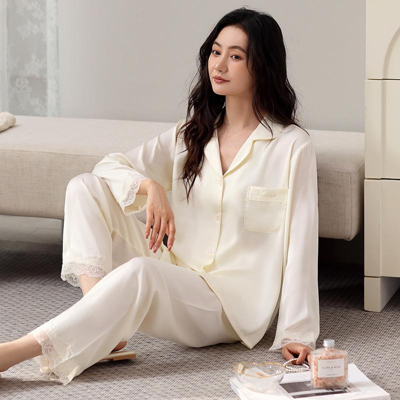 Pajamas Ladies Spring Autumn Summer Simulation Silk Cold Silk Ice Silk Long Sleeve Pants Set Light Luxury Loungewear Loose Edition