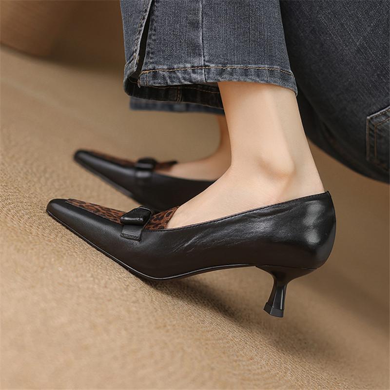 Fashion New Spring/autumn Genuine Leather Women Shoes Square Toe Shoes for Women Fashion Mixed Color Mid Heels Leopard Print Women Pumps