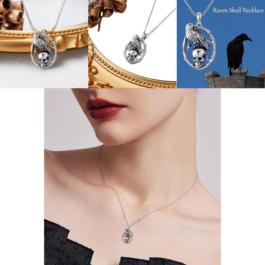Halloween Skull Pendant Necklace With Crow Shape Design For Gothic Fashion Enthusiasts