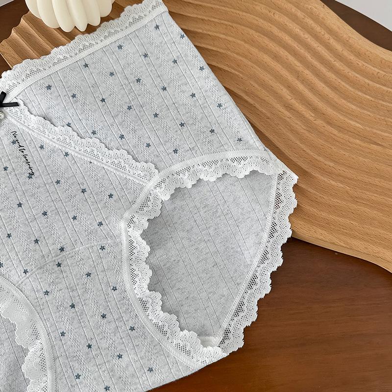 Ladies Summer Gentle Lace Stitching Jacquard Cotton Color Yarn 10A Bacteriostatic Crotch Mid Waist Triangle Briefs