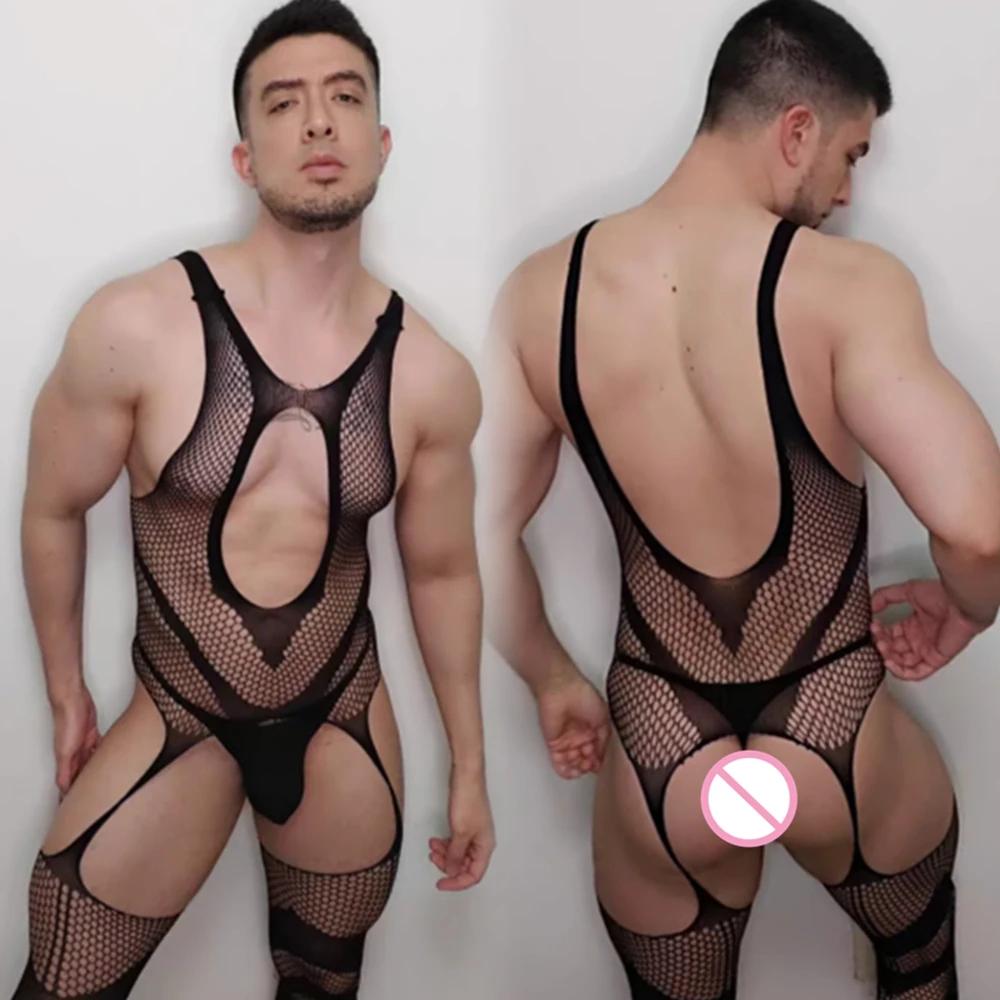 Mens Crotchless Full Bodysuit Black Beige See Through Sexy Bodystocking Lingerie Stretchy Glossy Tights Male Costume