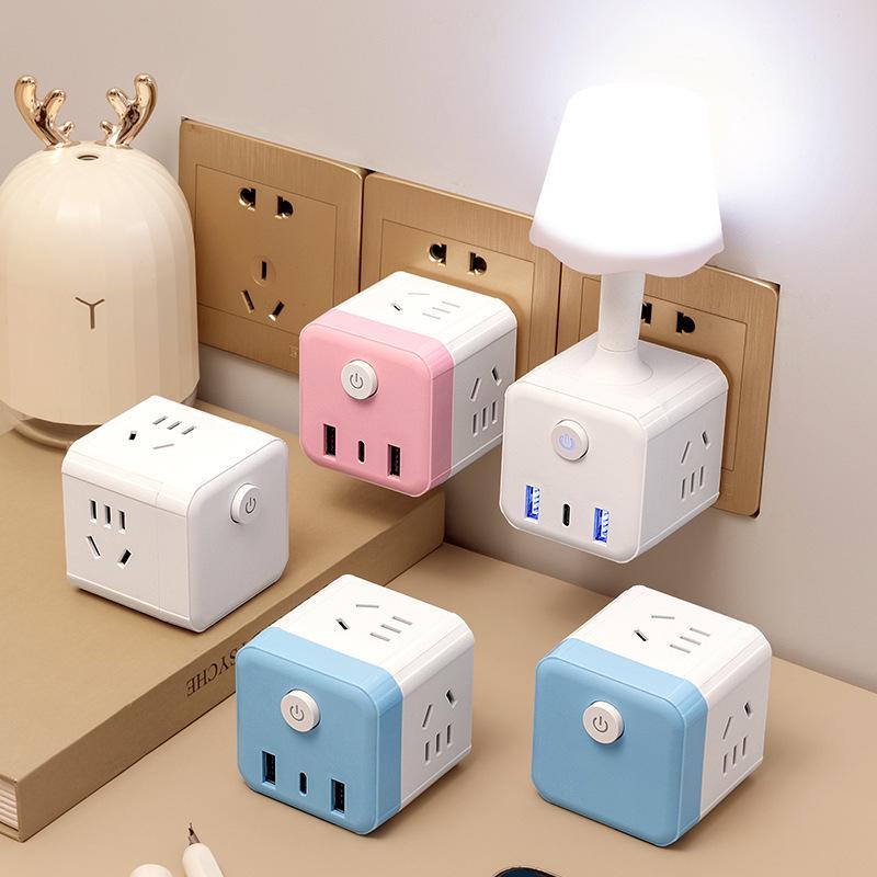 Multifunktionaler USB-Würfel Nachtlicht-Steckdose mit Schlafzimmerlampe