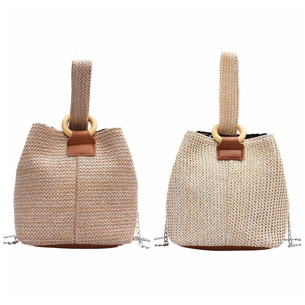 Korean Style Woven Handbag Solid Color Small Phone Bag Fashion Straw Bucket Bag  Vacation