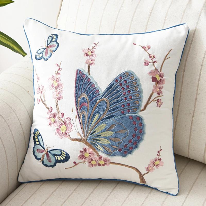 Butterfly Cushion Cover 45x45cm Floral Country Style Pillow Cover Cotton Embroidery Suqare Home Decoration for Living Room