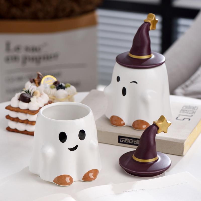 

Halloween Creative Ghost Cup With Lid Cartoon Ceramic Cup Large Capacity Coffee Cup Christmas Souvenir Mug 450ml кислота зелений колір