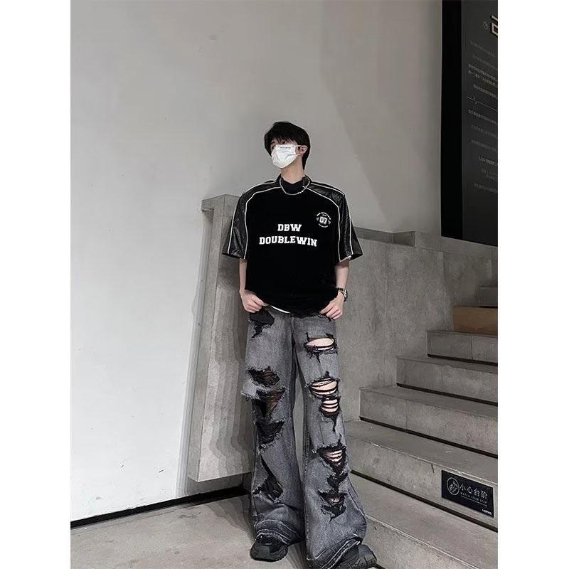 Amerikanischer Stil Alter Rüpel Gutaussehend Weitbeinige Zerrissene Jeans Street Locker Gerade Hose Herren