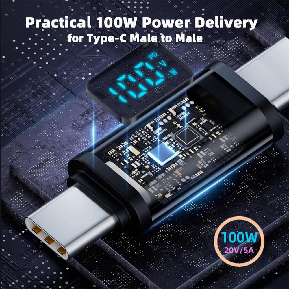 Cablecc 20Gbps To USB4 Smart LED Display Stretch Coiled 100W for Male To Power Data 180CM USB-C Cable, 8K, Laptops, Disks, Phones, Type-C Male, &