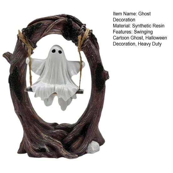 Halloween Ghost on Tree Swing Figurine Swinging Cartoon Ghost Statue Ornament Home Office Garden Patio Lawn Bookshelf Desktop Decoration