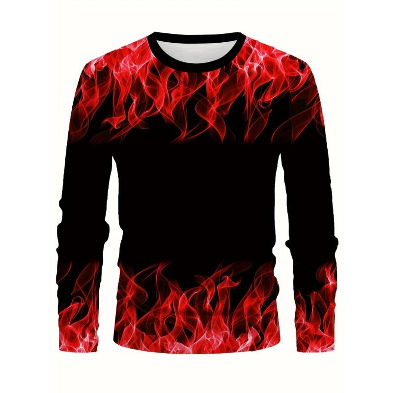 Men's 3D Flame Printed Long Sleeve Crew Neck T-Shirt Knitted Fabric Men Spring Autumn Street Style Long Sleeve Men Clothing