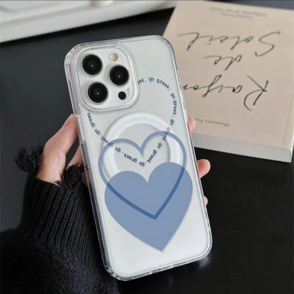 Korea Creative Fashion Blue Love And Flower Magnetic Phone Case For iPhone 16 Pro 15 14 13 12 11Pro Max Plus INS Style Y2k Shell
