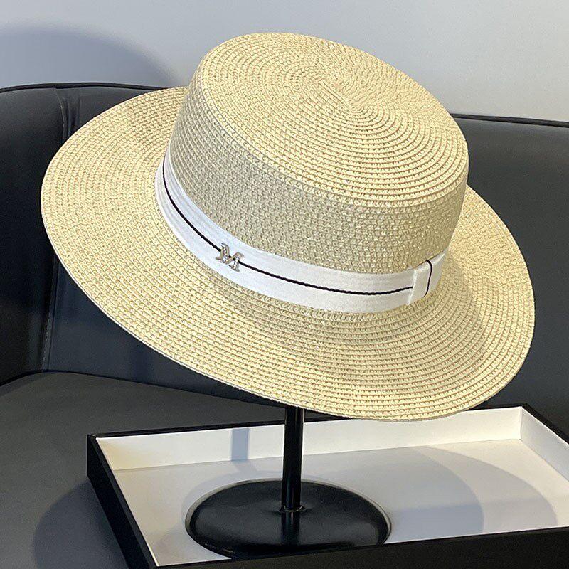 Elegante Cappello Piatto Stile Socialite Francese Intrecciato con Perle Cappello Parasole Estivo da Spiaggia per Donne