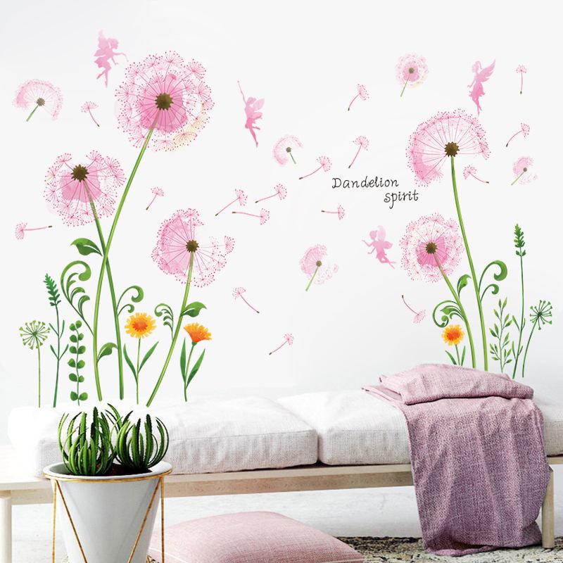 Pink Dandelion Wall Sticker Self Adhesive Bedroom Decor for Headboard Wall Creative Cozy Wall Art Room Decoration