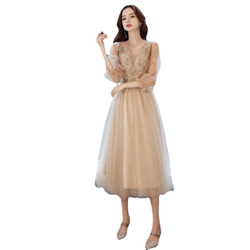 Banquet evening dress, long sleeves, light luxury, niche art examination, graduation catwalk, performance clothes, fairy temperament, annual meeting
