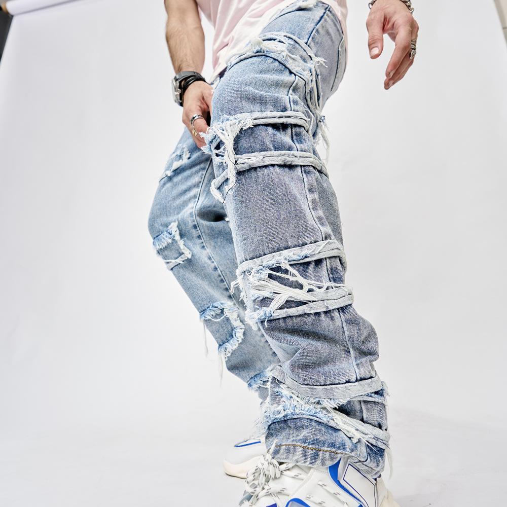New retro casual bionic denim men's American trend loose trousers high street wide-leg trousers
