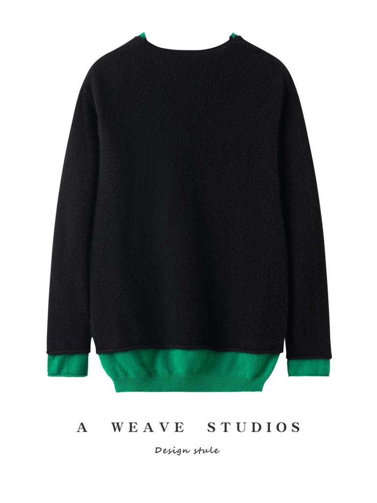 Women's V-Neck Color Block Cashmere Pullover Sweater - Casual, Relaxed, Long Sleeve, Two-Piece Look