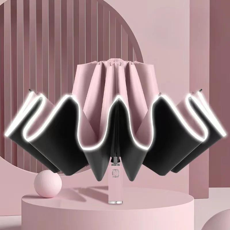 

Full-automatic Reverse Umbrella Folding Reflective Strips High-end Business Sunny Umbrella Sunscreen UV Shade Umbrella Iron&10K рожевий