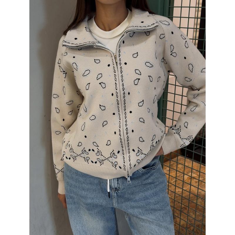 Stehkragen Paisley-Print Damen-Strickjacke Reißverschluss Vorne Ausgeschnitten Verkürzter Saum Lange Gerippte Bündchen Unregelmäßiger Unterrand Jacke