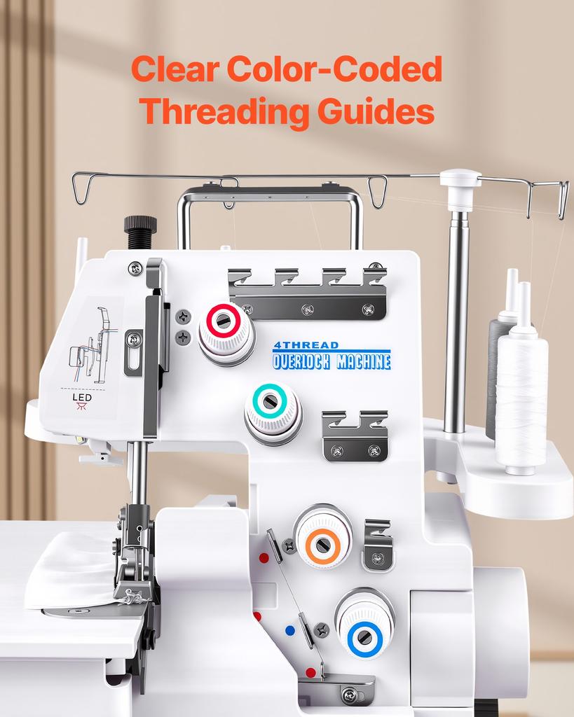 VEVOR Serger Overlock Sewing Machine, 1250 Stitches Per Minute, 3 and 4 Thread Capability, with LED Light and Strong Suction Feet