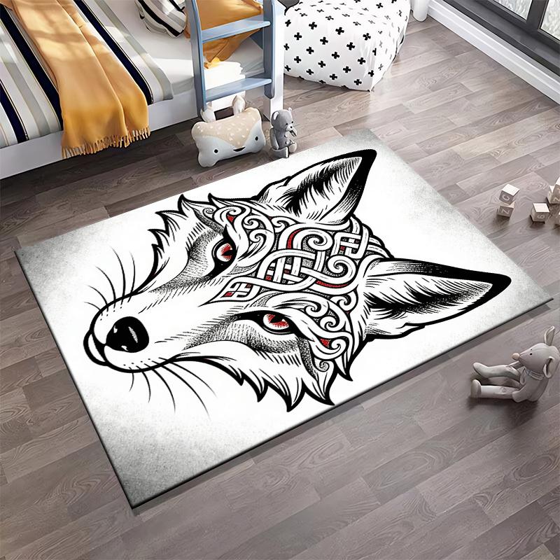 Wolf Head Carpet with Red Eyes and Intricate Tribal Design, Nordic Style Suitable for Use As an Anti-slip for Living Room Bedroom Sofas