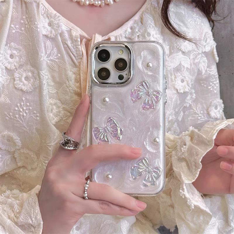 Glitter Butterfly Phone Case for IPhone17Promax Pearl Bow Tie for Apple 16 Rhinestone Silicone Women's New Model