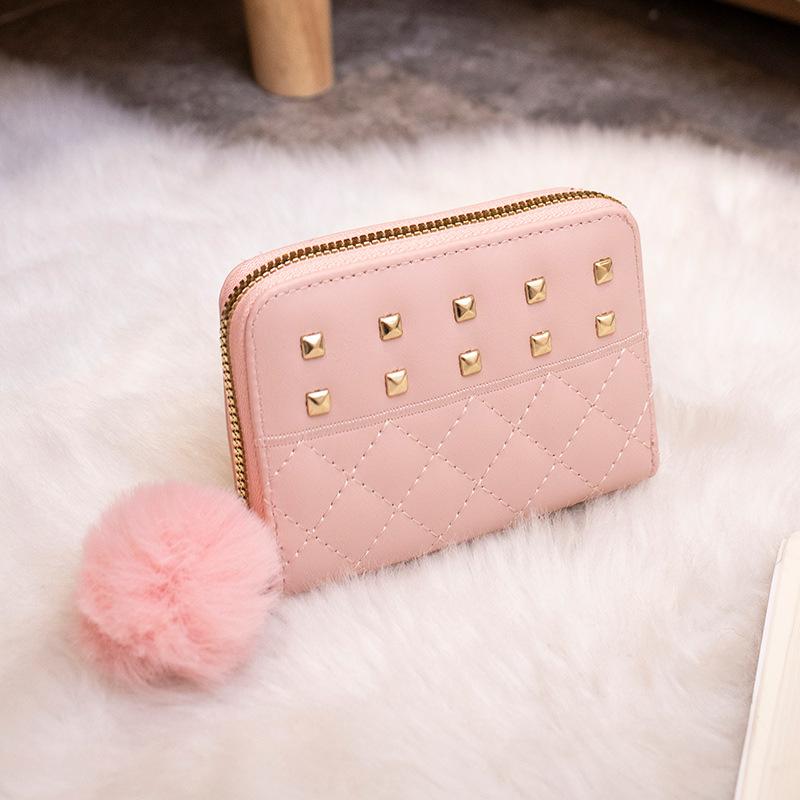 New fashionable women's wallet clutch bag, short change bag, diamond hairball decorative card bag, one piece.